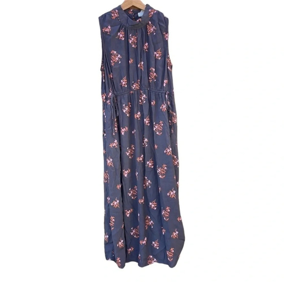 A New Day medium navy blue maxi dress grey with orange flowers - Picture 1 of 5